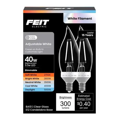BA10 E12 (Candelabra) LED Bulb Adjustable White 40 Watt Equivalence Clear BA10 E12 (Candelabra) LED Bulb Adjustable White 40 Watt Equivalence Clear