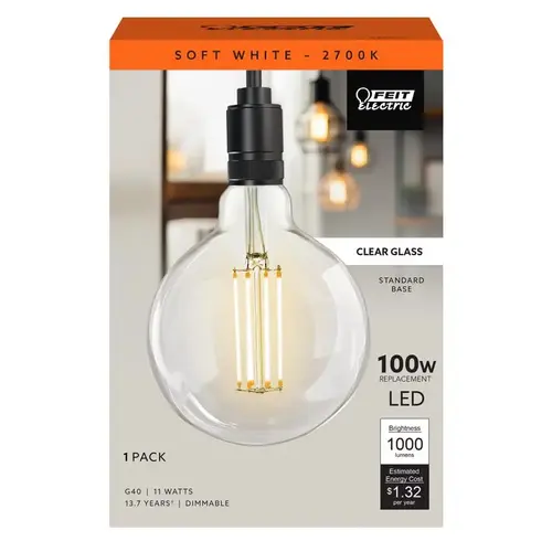 G40 E26 (Medium) Filament LED Bulb Soft White 100 Watt Equivalence Clear G40 E26 (Medium) Filament LED Bulb Soft White 100 Watt Equivalence Clear
