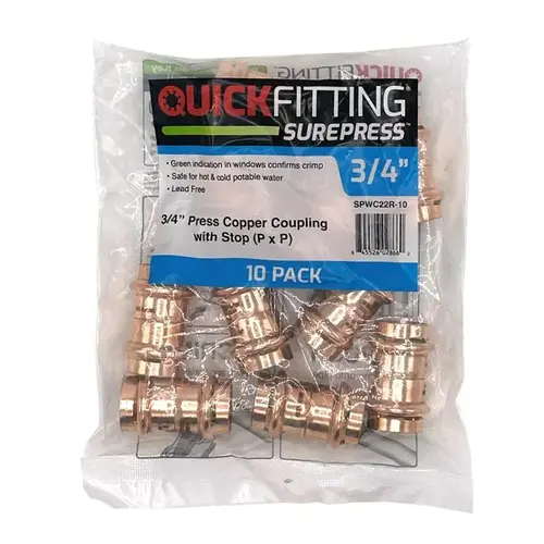 Quickfitting Surepress 3/4" X 3/4" Copper Coupling W/Stop Press Package Of 10 - pack of 10 Quickfitting Surepress 3/4" X 3/4" Copper Coupling W/Stop Press Package Of 10 - pack of 10