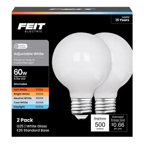 G25 E26 (Medium) LED Bulb Adjustable White 60 Watt Equivalence 1 pk White G25 E26 (Medium) LED Bulb Adjustable White 60 Watt Equivalence 1 pk White