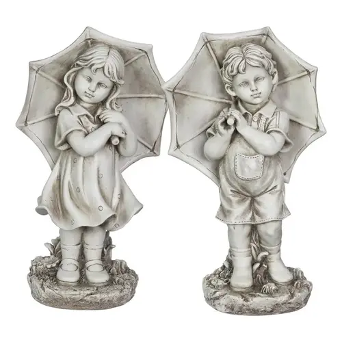 Resin Stone 18.7" Boy and Girl with Umbrella Statue Stone Resin Stone 18.7" Boy and Girl with Umbrella Statue Stone