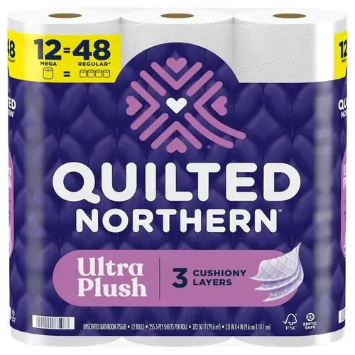 Ultra Plush Toilet Paper 12 Rolls 255 sheet 1020" White Ultra Plush Toilet Paper 12 Rolls 255 sheet 1020" White