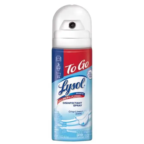 Lysol Disinfectant Spray, 1.5 oz Aerosol, Liquid, Crisp Linen, Clear Lysol Disinfectant Spray, 1.5 oz Aerosol, Liquid, Crisp Linen, Clear
