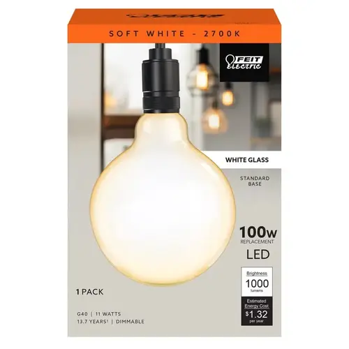 G40 E26 (Medium) Filament LED Bulb Soft White 100 Watt Equivalence 1 pk White G40 E26 (Medium) Filament LED Bulb Soft White 100 Watt Equivalence 1 pk White