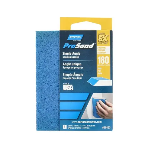 Norton ProSand Single Angle Sanding Sponge, 4-1/2 in L, 3-1/2 in W, 180 Grit, Fine, Aluminum Oxide Abrasive Norton ProSand Single Angle Sanding Sponge, 4-1/2 in L, 3-1/2 in W, 180 Grit, Fine, Aluminum Oxide Abrasive