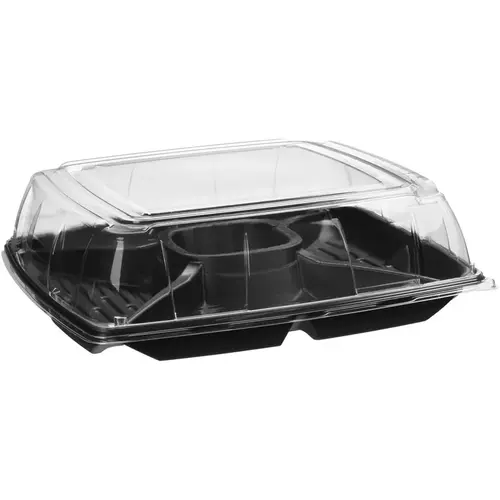 Serving Tray Base & Lid Combo With Dome Lid 16X16X3 IN 4 Compartment PET PP Black Clear Square - pack of 25 Serving Tray Base & Lid Combo With Dome Lid 16X16X3 IN 4 Compartment PET PP Black Clear Square - pack of 25