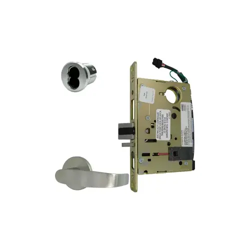 Electrified Mortise Lock, OL - O Rose x L Lever, FS Fail Safe or FSE Fail Secure, Field Selectable, Auto-Sensing Dual Voltage 12/24VDC, Full Wave Rectification, RX Request to Exit Switch, SFIC Small Format IC Prep, Less Core, Grade 1, 626/US26D Satin Chrome Electrified Mortise Lock, OL - O Rose x L Lever, FS Fail Safe or FSE Fail Secure, Field Selectable, Auto-Sensing Dual Voltage 12/24VDC, Full Wave Rectification, RX Request to Exit Switch, SFIC Small Format IC Prep, Less Core, Grade 1, 626/US26D Satin Chrome