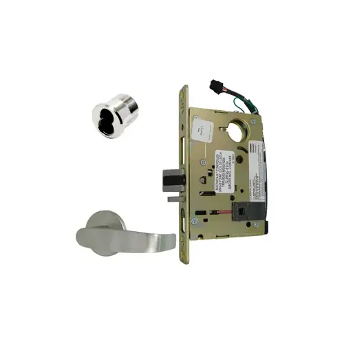 Electrified Mortise Lock, OL- O Rose x L Lever, FS Fail Safe or FSE Fail Secure, Field Selectable, Auto-Sensing Dual Voltage 12/24VDC, Full Wave Rectification, RX Request to Exit Switch, LFIC Large Format IC Prep, Less Core, Grade 1, 626/US26D Satin Chrome Electrified Mortise Lock, OL- O Rose x L Lever, FS Fail Safe or FSE Fail Secure, Field Selectable, Auto-Sensing Dual Voltage 12/24VDC, Full Wave Rectification, RX Request to Exit Switch, LFIC Large Format IC Prep, Less Core, Grade 1, 626/US26D Satin Chrome