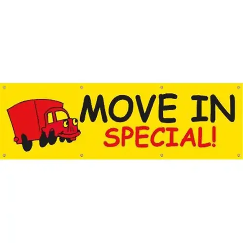 Horizontal Move In Special Banner, Yellow With Red Truck, 10 ft X 3 ft Horizontal Move In Special Banner, Yellow With Red Truck, 10 ft X 3 ft