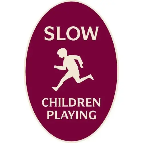 Slow/Children Playing Oval Designer Sign, Ivory On Burgundy, 12 X 18 Slow/Children Playing Oval Designer Sign, Ivory On Burgundy, 12 X 18