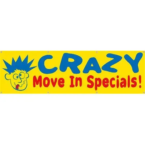 Horizontal Crazy Move In Specials! Banner, Yellow/Blue/Red, 10 ft X 3 ft Horizontal Crazy Move In Specials! Banner, Yellow/Blue/Red, 10 ft X 3 ft