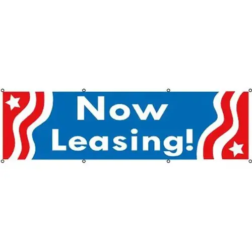 Horizontal Now Leasing Banner, Patriotic, 10 ft X 3 ft Horizontal Now Leasing Banner, Patriotic, 10 ft X 3 ft
