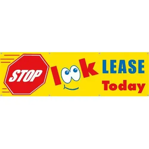 Horizontal Stop Look Lease Today Banner, Stop Sign/Eyes, 10 ft X 3 ft Horizontal Stop Look Lease Today Banner, Stop Sign/Eyes, 10 ft X 3 ft