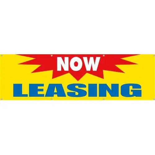 Horizontal Now Leasing Banner, Yellow/Blue/Red, 10 ft X 3 ft Horizontal Now Leasing Banner, Yellow/Blue/Red, 10 ft X 3 ft