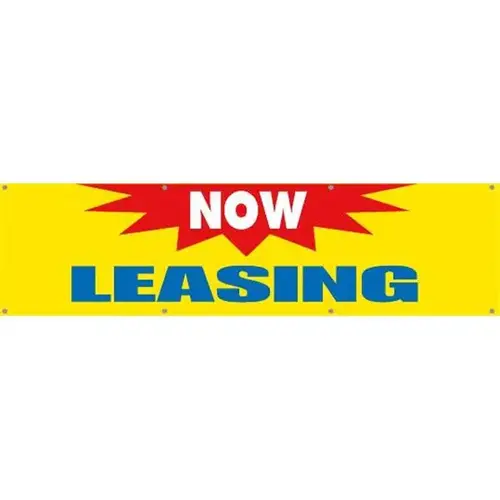 Horizontal Now Leasing Banner, Yellow/Blue/Red, 15 ft X 4 ft Horizontal Now Leasing Banner, Yellow/Blue/Red, 15 ft X 4 ft