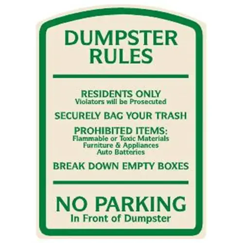 Dumpster Rules Designer Sign, Green On Ivory, Non-Reflective, 16 X 22 Dumpster Rules Designer Sign, Green On Ivory, Non-Reflective, 16 X 22