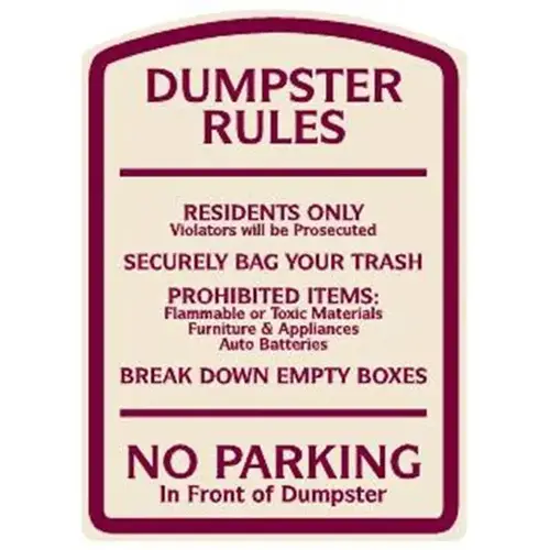 Dumpster Rules Designer Sign, Burgundy On Ivory, Non-Reflective, 16 X 22 Dumpster Rules Designer Sign, Burgundy On Ivory, Non-Reflective, 16 X 22