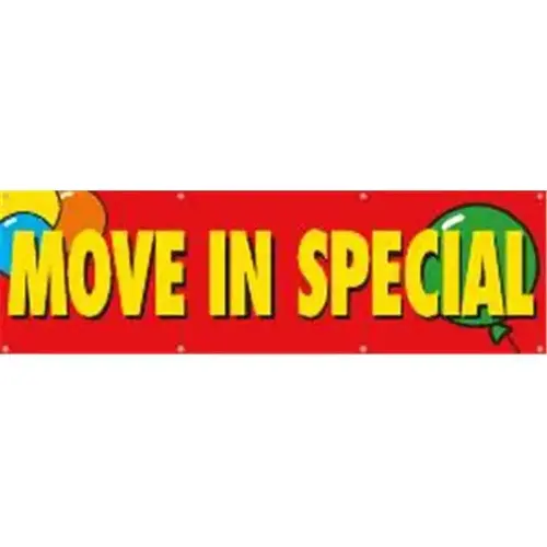 Horizontal Move In Special Banner, Red With Balloons, 10 ft X 3 ft Horizontal Move In Special Banner, Red With Balloons, 10 ft X 3 ft