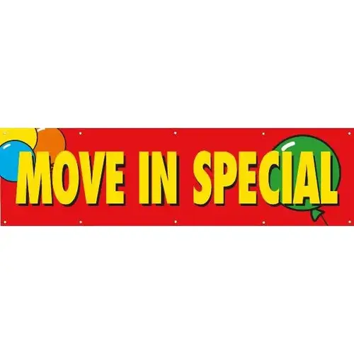 Horizontal Move In Special Banner, Red With Balloons, 15 ft X 4 ft Horizontal Move In Special Banner, Red With Balloons, 15 ft X 4 ft