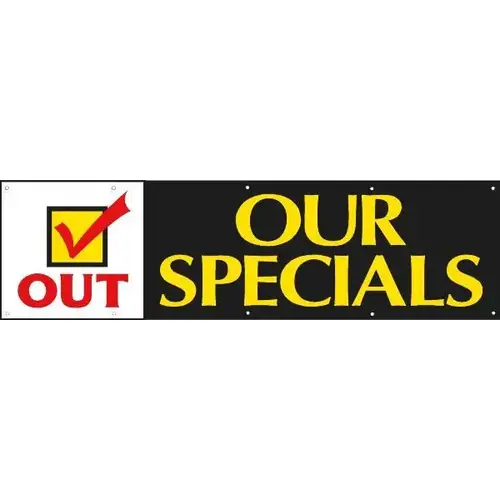 Check Mark Out Our Specials Horizontal Banner, 15 ft X 4 ft Check Mark Out Our Specials Horizontal Banner, 15 ft X 4 ft
