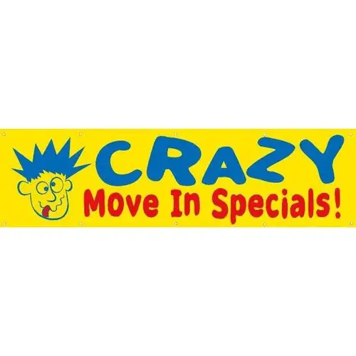 Horizontal Crazy Move In Specials! Banner, Yellow/Blue/Red, 15 ft X 4 ft Horizontal Crazy Move In Specials! Banner, Yellow/Blue/Red, 15 ft X 4 ft
