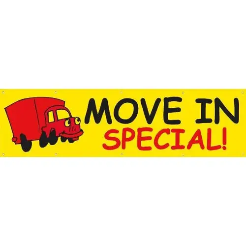 Horizontal Move In Special Banner, Yellow With Red Truck, 15 ft X 4 ft Horizontal Move In Special Banner, Yellow With Red Truck, 15 ft X 4 ft