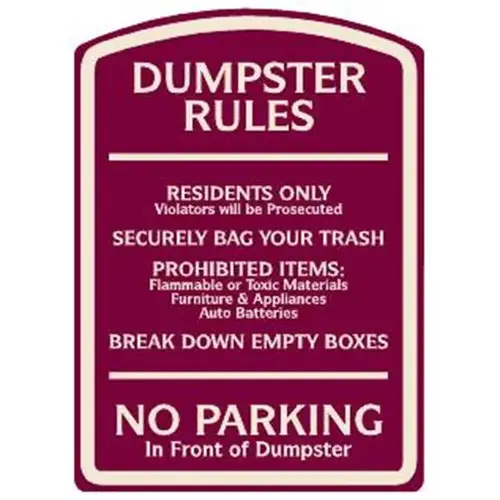 Dumpster Rules Designer Sign, Ivory On Burgundy, Non-Reflective, 16 X 22 Dumpster Rules Designer Sign, Ivory On Burgundy, Non-Reflective, 16 X 22