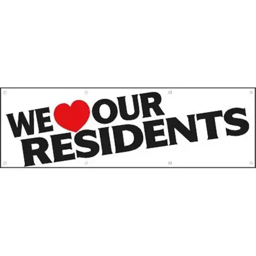 Horizontal We Love Our Residents Banner, Heart Shaped, 10 ft X 3 ft Horizontal We Love Our Residents Banner, Heart Shaped, 10 ft X 3 ft