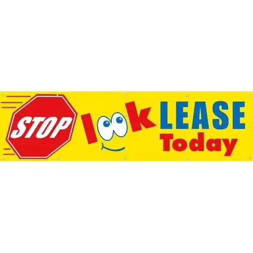 Horizontal Stop Look Lease Today Banner, Stop Sign/Eyes/Sun, 15 ft X 4 ft Horizontal Stop Look Lease Today Banner, Stop Sign/Eyes/Sun, 15 ft X 4 ft