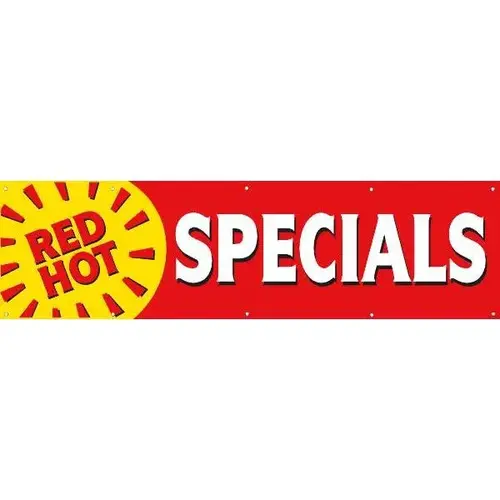 Horizontal Red Hot Specials Banner, Sun Shape/Red/Yellow, 15 ft X 4 ft Horizontal Red Hot Specials Banner, Sun Shape/Red/Yellow, 15 ft X 4 ft