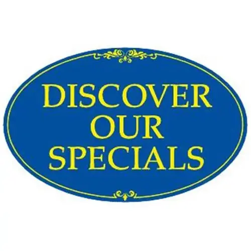 Coroplast Discover Our Specials Oval Amenity Sign, Blue/Yellow, 32 X 21 Coroplast Discover Our Specials Oval Amenity Sign, Blue/Yellow, 32 X 21