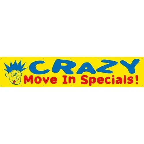 Horizontal Crazy Move In Specials! Banner, Yellow/Blue/Red, 20 ft X 4 ft Horizontal Crazy Move In Specials! Banner, Yellow/Blue/Red, 20 ft X 4 ft