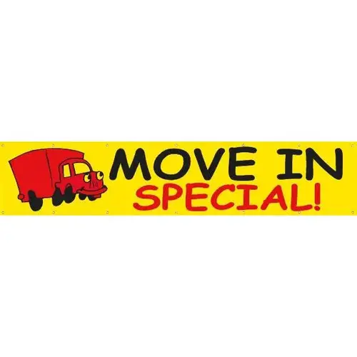 Horizontal Move In Special Banner, Yellow With Red Truck, 20 ft X 4 ft Horizontal Move In Special Banner, Yellow With Red Truck, 20 ft X 4 ft