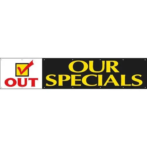 Horizontal Check Mark Out Our Specials Banner, 20 ft X 4 ft Horizontal Check Mark Out Our Specials Banner, 20 ft X 4 ft
