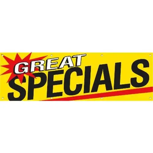 Horizontal Great Specials Banner, Red/Yellow, 10 ft X 3 ft Horizontal Great Specials Banner, Red/Yellow, 10 ft X 3 ft