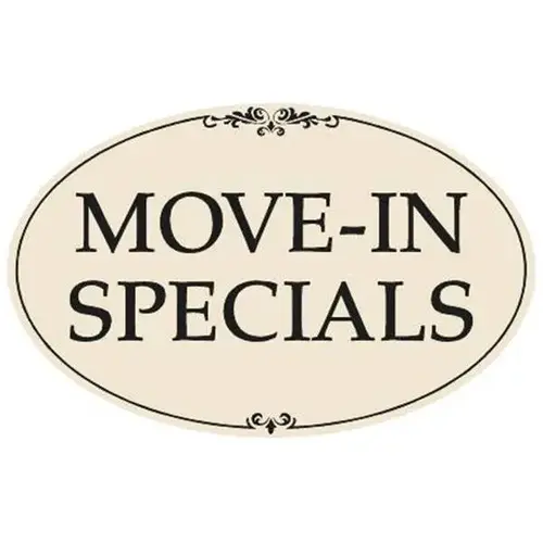 Coroplast Move In Specials Oval Amenity Sign, Black/Ivory, 32 X 21 Coroplast Move In Specials Oval Amenity Sign, Black/Ivory, 32 X 21