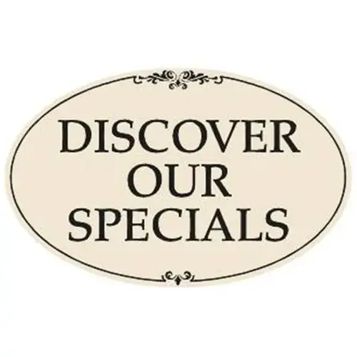 Coroplast Discover Our Specials Oval Amenity Sign, Black/Ivory, 32 X 21 Coroplast Discover Our Specials Oval Amenity Sign, Black/Ivory, 32 X 21