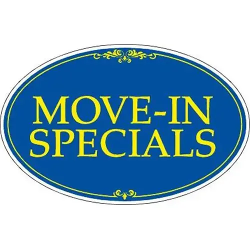 Coroplast Move In Specials Oval Amenity Sign, Blue/Yellow, 32 X 21 Coroplast Move In Specials Oval Amenity Sign, Blue/Yellow, 32 X 21