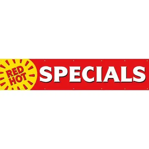 Horizontal Red Hot Specials Banner, Sun Shape/Red/Yellow, 20 ft X 4 ft Horizontal Red Hot Specials Banner, Sun Shape/Red/Yellow, 20 ft X 4 ft