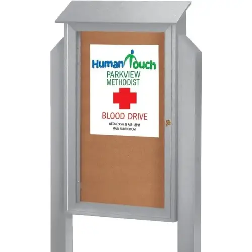 Enclosed Single Door Corkboard, Lighted Post, Gray, 26 X 42" Enclosed Single Door Corkboard, Lighted Post, Gray, 26 X 42"