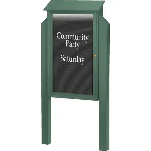 Enclosed Single Door Outdoor Letter Board, Lighted Post Mount, Green, 38 X 54" Enclosed Single Door Outdoor Letter Board, Lighted Post Mount, Green, 38 X 54"
