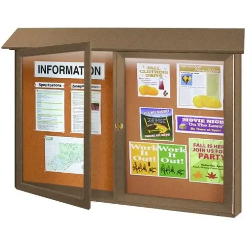 Enclosed Double Door Corkboard, Lighted Wall Mount, Weathered Wood, 45" X 3 ft Enclosed Double Door Corkboard, Lighted Wall Mount, Weathered Wood, 45" X 3 ft