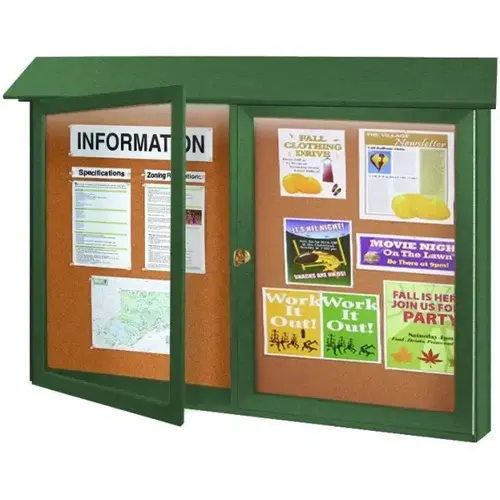 Enclosed Double Door Corkboard, Lighted Wall Mount, Woodland Green, 45" X 3 ft Enclosed Double Door Corkboard, Lighted Wall Mount, Woodland Green, 45" X 3 ft