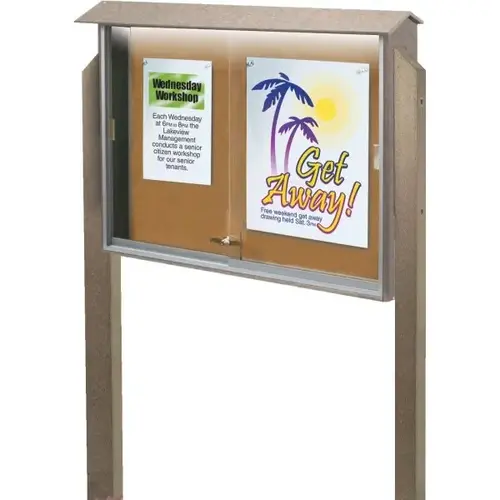 Enclosed Sliding Door Corkboard, Lighted Post Mount, Sand, 52 X 40" Enclosed Sliding Door Corkboard, Lighted Post Mount, Sand, 52 X 40"