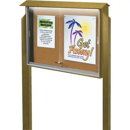 Enclosed Single Door Corkboard, Lighted Post Mount, Cedar, 45" X 3 ft Enclosed Single Door Corkboard, Lighted Post Mount, Cedar, 45" X 3 ft