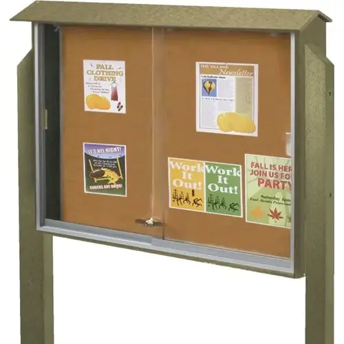 Enclosed Sliding Door Corkboard, Post Mount, Weathered Wood, 45" X 3 ft Enclosed Sliding Door Corkboard, Post Mount, Weathered Wood, 45" X 3 ft