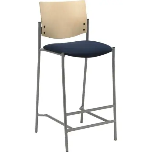 Barstool With Natural Wood Back, Navy Fabric Seat, Silver Frame Barstool With Natural Wood Back, Navy Fabric Seat, Silver Frame