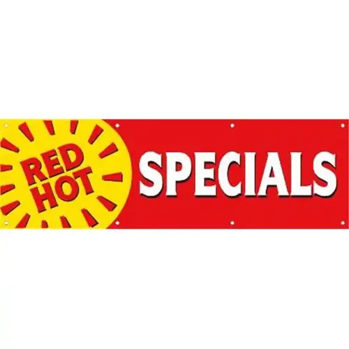 Horizontal Red Hot Specials Banner, Sun Shape/Red/Yellow, 10 ft X 3 ft Horizontal Red Hot Specials Banner, Sun Shape/Red/Yellow, 10 ft X 3 ft