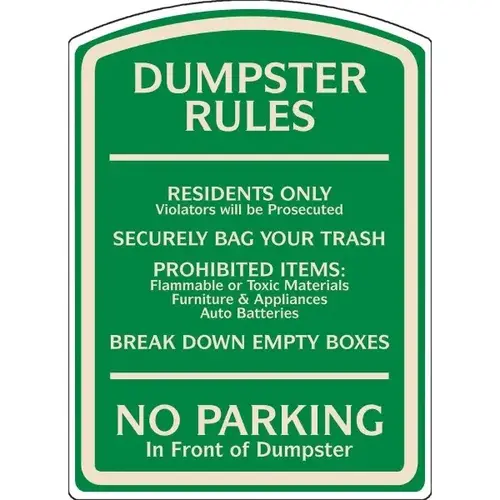 Dumpster Rules Designer Sign, Ivory On Green, Non-Reflective, 16 X 22 Dumpster Rules Designer Sign, Ivory On Green, Non-Reflective, 16 X 22