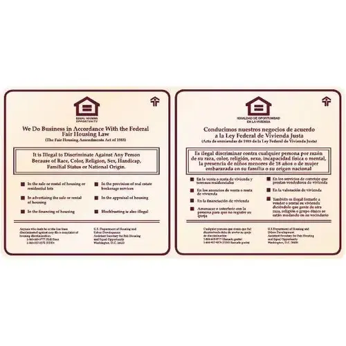 Bilingual Fair Housing Interior Sign, Burgundy On Ivory, 28 X 22 Bilingual Fair Housing Interior Sign, Burgundy On Ivory, 28 X 22